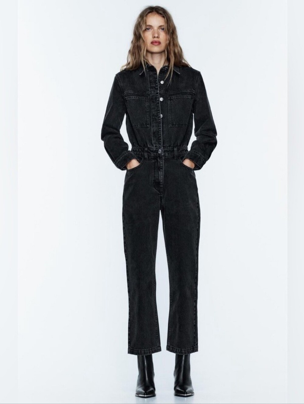 NWT Zara Black Z195 Straight Denim Black Utility Jumpsuit